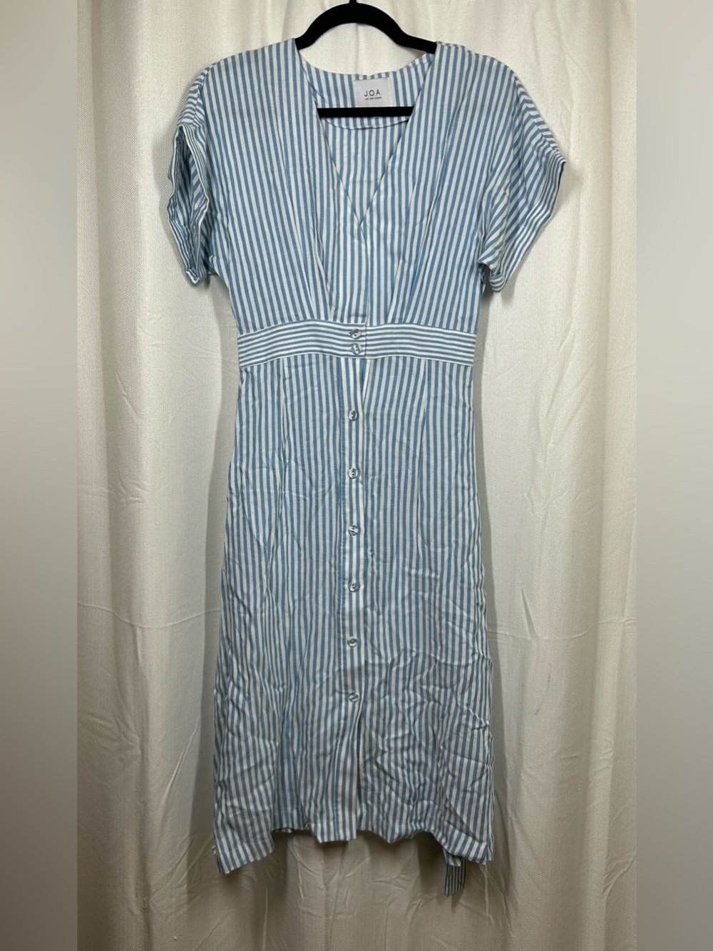 J.O.A. Blue & White Striped Dress V-neck Midi Button Down Sz Small